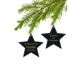 SilverTrophy: Christmas Star Decoration - Faux Leather Black Plain Bauble Gift Tag, Personalise Present, Memorial Gift, Family, Remembrance, First Christmas, Anniversary, Keepsake, Party