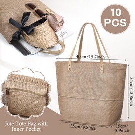 Shinylin 10 Pcs Burlap Tote Bags with PU Handles Reusable Large Jute Gift Bags Bachelorette Tote Bags Waterproof Lining Beach Bag Bulk DIY Gift Bag for Wedding Travel Shopping