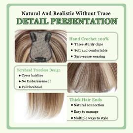 OLLAVO Real Human Hair Topper for Women, 3D French Bangs, Brown, Straight, Modern Style, Breathable & Lightweight, 11*7 Inch