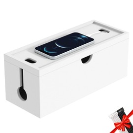 Bamboo Cable Management Box, Large Cord Organizer Box Cable Box to Hide Wires & Power Strips for Desktop Storage Cord Holder for Office Home,No Assembley Required (All White, 1Medium)