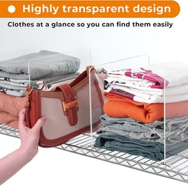 6 Pack Shelf Dividers for Wire Shelves, Acrylic Clear Closet Organizers and Storage for Sweater, Shirts, Bookshelf Handbags Separators Dividers for Closet Organization in Bedroom/Kitchen/Office/Pantry