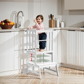 COSYLAND Height Adjustable Toddler Standing Tower - Toddler Kitchen Stool Helper Kids Kitchen Step Stool for Nursery Bathroom Sink Wooden White