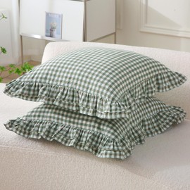 Aryeleay 2 Pack Sage Green White Plaid Ruffle Throw Pillow Covers 18x18 inches, 100% Cotton Gingham Checkered Farmhouse Decorative Pillow Shams for Bed/Sofa (18x18 inches, Sage Green/White Plaid)