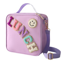 MEEYUU Insulated Lunch Bag Nylon Preppy Boys Girls Lunch Box Large Insulated Lunch Bag Reusable Lunch Tote Bag with Smiley Preppy LunchBag for Girls School Travel Picnic Adjustable (Purple)