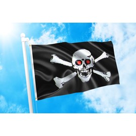 DMSE Red Eye Pirate Jolly Roger Skull Cross Bones Flag 3X5 Ft Foot 100% Polyester 100D Flag UV Resistant (3' X 5' Ft Foot)