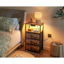 Casaottima Night Stand Set 2, Bedside Tables with Charging Station, LED Nightstand with Fabric Drawers, End Tablewith Open Shelf, Small Nightstand for Bedroom, Vintage and Black