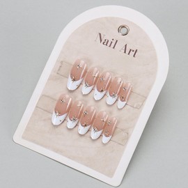 White French Tip Press on Nails Medium Almond Fake Nails Star Sparkling Glitter Handmade Press ons False Nails Almond Shape Cute Acrylic Stick on Nails Cross Star False Nails Tip for Women 30PCS