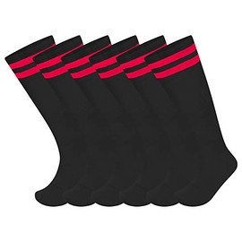 3 Pack Unisex Knee High Striped Sports Football/Rugby/Soccer/Hockey Tube Socks for Men, Women, Boys & Girls (UK 6-11 (EU 39-45) MENS SIZE, Black with Red Stripes)