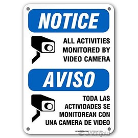 Wall Decor Security Camera Sign,Bilingual English/Spanish,All Activities are Monitored by Video Surveillance,Outdoor Rust-Free Metal,8x12 Aluminum Plate