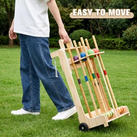 Hiboom 6 Player Croquet Set for Adults & Family with Rolling Wooden Stand, 28" Rubber Wood Mallets with Colorful Resin Balls, Vintage Outdoor Lawn Game Kit for Friends Backyard Park Party Supplies