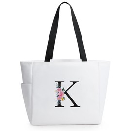 KALIDI Monogrammed Tote Bag Stylish Spacious Carry Bag Waterproof with Inner Pocket and Zip Fabric Bag Shopper Handbag for Women, Friends, Birthdays, Bridesmaids, Beige-K