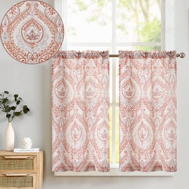 TOPICK Net Curtain, Linen Curtain, Vintage Bistro Curtain, Country House Style, Flowers, Printed Curtain, Opaque Curtain for Kitchen, Living Room, Country House, Set of 2, Red on Beige, 65 W x 90 H