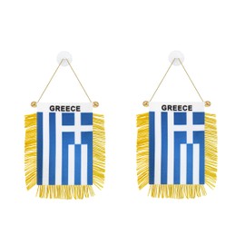 Rotenl 2 Pack Greece Window Small Mini Hanging Flag, 3 X 5 Inch Greek Car Flag Banner with Golden Fringy Tassel and Suction Cup, Wall, Door and Rearview Mirror Decor (Greece)