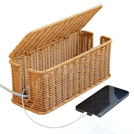 Rattan Cable Organiser Box, Handmade Cable Box with Lid, Organiser Box for Hiding Power Strips and Cables for TV and Computer, for Office, Home (Brown)