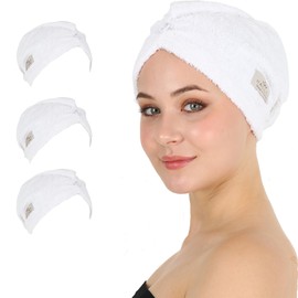 HALLEY Cotton Hair Towel Wrap – 3 Packs Super Absorbent, Anti Frizz Fast Drying Hair Towel for Curly Long Thick Hair – Hair Turbans for Wet Hair with Button – Hair Plopping Towel (White)
