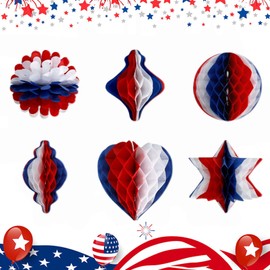 4th of July Decor - Independence Day Honeycomb Pendant Decor Red Blue and White Paper Fans Poms for Fourth of July Patriotic Decorations Wedding Graduation Independence Day 6 Pcs
