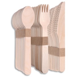Terra Verde 150 Pack Disposable Wooden Cutlery 50 Spoons 50 Forks 50 Knives Plastic Free Non-Toxc Biodegradable and Eco-Friendly Suitable for Party, Outdoor Catering Events, Weddings, Picnic