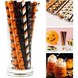 Halloween Paper Straws Decorations - 50Pcs Black Orange Drinking Straws Halloween Party Straws in Ghost/Pumpkins/Skull Pattern Halloween Drink Accessories for Halloween Home Bar Table Party Supplies