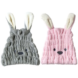 2 Pcs Dry Hair Hat Hair Drying Towels for Women Microfiber Dry Hair Cap with Cute Rabbit Ears Quick Drying Bath Cap Cartoon Hair Turbans Twist Super Absorbent Hair Towel Hair Wrap for Women Girls