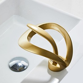 Generic Waterfall Faucet Brushed Gold Single Handle 1-Hole Bathroom Sink Faucet Semi Curved Design Vessel Sink Faucet for Modern Bathroom Kitchen Vanity, LCC0039-Gold