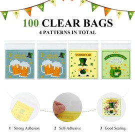 Artby7 100 Pcs St Patricks Day Cellophane Bags, 4x4 Inches Small Size St Patrick's Day Treat Bags Shamrock Lucky Clover Gift Bags for Candy Goodies Irish Day Parade Party Favor Decorations
