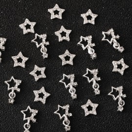 30PCS Star Nail Charms - 3D Alloy Art Charms 4 Styles Silver Stars Rhinestones Crystal Pentagram Gems for DIY Crafts Jewelry Decoration Supplies