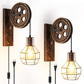 AnvFlik Retro Industrial Wall Sconce, 2Pack Antique Brass Vintage Plug in Wall Lighting, Industrial Lantern Retro Lamp Metal Wall Light Fixtures for Bedside Bedroom Home Dining Room