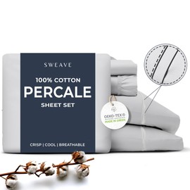 Sweave 100% Cotton Percale Sheets Queen Size - Cool & Crisp Hotel Feeling, Breathable, Softer After Each Wash, Fitted Sheets with Deep Pockets, Double-Elastic & Corner Straps, Z-Hem Luxury Stitching