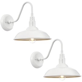 GOALPLUS Outdoor Gooseneck Barn Light Fixture with Wall Mount, 10'' Diameter White Exterior Waterproof Wall Lantern for Porch, Farmhouse Wall Sconce, 2 Pack, LM2201-WH-2P