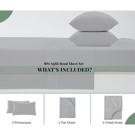 Top Split King Sheets Sets for Adjustable Beds, Sheets for Sleep Number Bed Split King Deep Pocket, 34" Split Top King Sheets 400 Thread Count 100% Cotton, Flex Top Sheets, Light Grey Solid