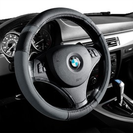 Gorla Gear Gray Leather Neoprene Steering Wheel Cover Women Men, Easy Fast Installation, Grey Universal Fit 14.5 15 15.5 Inch, Anti-Slip Safer Grip Car Accessories for Automobile Truck SUV Van