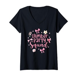 Womens Slumber Party Squad Sleepover Pajama Coquette Pink Bow V-Neck T-Shirt
