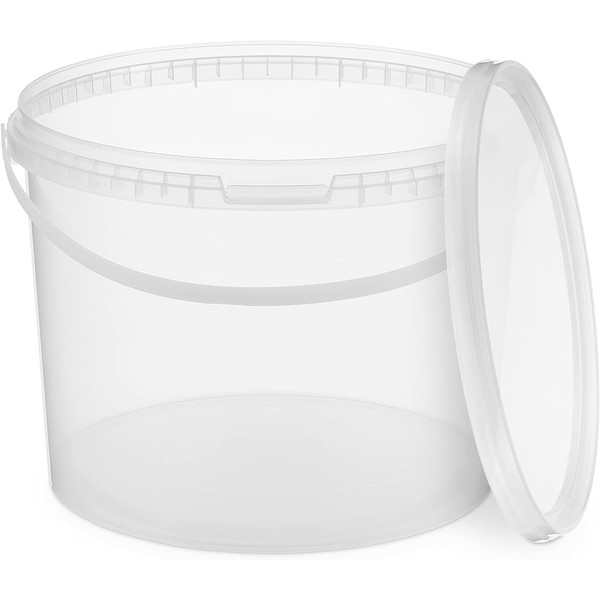 Bucket with Lid, 5 x 10 Litre, Transparent, Food-Safe, Stable, Airtight, Plastic Bucket with Handle, Empty, 5 Pieces each 10 Litre