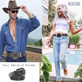 Women Men Western Rhinestone Studded Leather Belt Cowgirl Bling Waist Belt for Jeans Dress, Black,Fit Waist Size 27-31 Inches