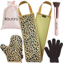 4 Pack Self Tanning Mitt Applicator Kit, with Self Tanner Mitt, Self Tan Back Applicator, Exfoliating Glove, Flat Top Face Tanner Brush, Tan mit for Self Sunless Tanner (leopard)