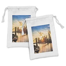 Ambesonne New York Fabric Pouch Set of 2, Cityscape of Brooklyn Bridge and Manhattan River Center of Culture Photo, Small Drawstring Bag for Toiletries Masks and Favors, 9" x 6", Multicolor