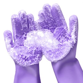ALPENKOK 1 Pair Dish Gloves for Women – Dishwasher-Safe Purple Silicone Dishwashing Gloves with Scrubber, Tear-Resistant with Bristles for Kitchen & Household Tasks