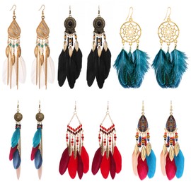 Bohemian Faux Feather Tassel Earrings - 6 Pairs Ethnic Retro Boho Dangle Drop Fringe Earrings for Women, Zinc