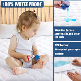 King Size Quilted Fitted Mattress Pad, Waterproof Breathable Cooling Mattress Protector, Stretches up to 21 Inches Deep Pocket Hollow Cotton Alternative Filling Noiseless Mattress Cover