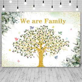 AIBIIN 7x5ft We are Family Background Family Tree Pink Floral Green Eucalyptus Leaves Family Party Photograph Backdrop Bird Gold Glitte Family Reunion Banner Photo Supplies