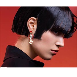 ONLYJUMP Long Asymmetric Heart Poker Dangle Earrings for Women Unique Funny Alarm Clock Playing Cards Dangle Earrings Gambling Casino Jewelry (Red)