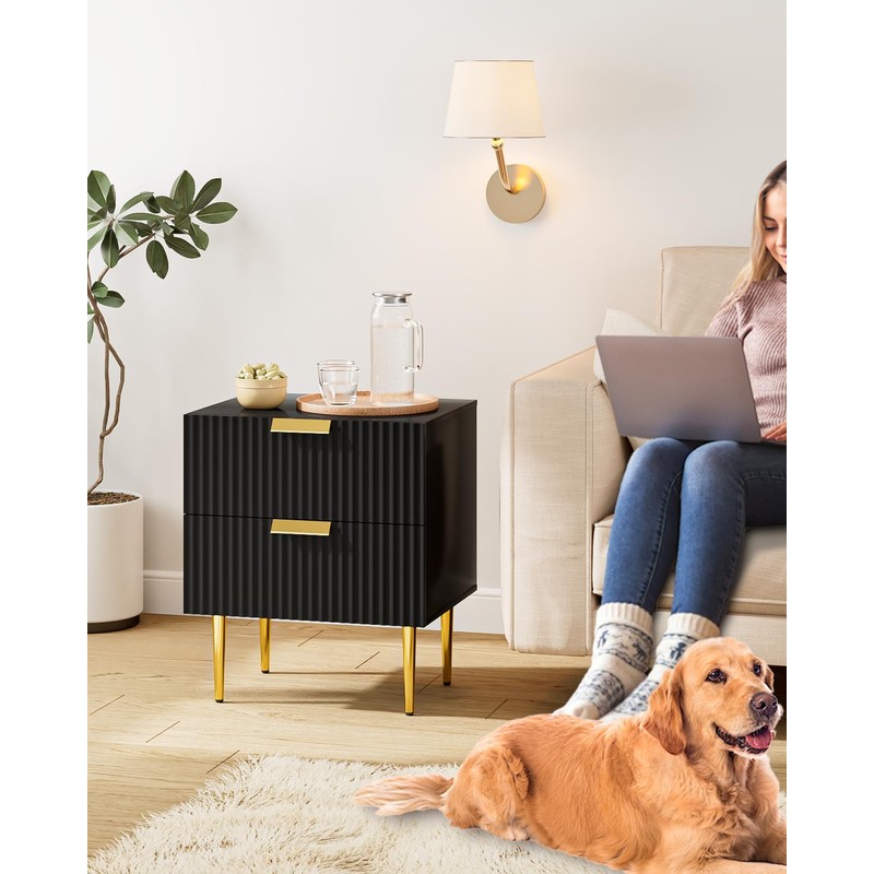 AEPOALUA Nightstand, Bedside Table with Gold Frame,Black Night Stand, End