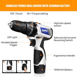 3/8″ Cordless Power Drill Driver Combi Drill with 1500mAH Battery, Drill Bits and Brushes, 45Nm 25+1 Torque, 2 Adjustable Speed, LED Work Light, Compact Lightweight Power Tool Drill Set