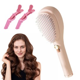 Telescopic Self Cleaning Hair Brush with Two Hair Clips, One Click Comb Anti Static Massage Eliminates Knots Detangling for Wet and Dry All Hair Types (Beige)