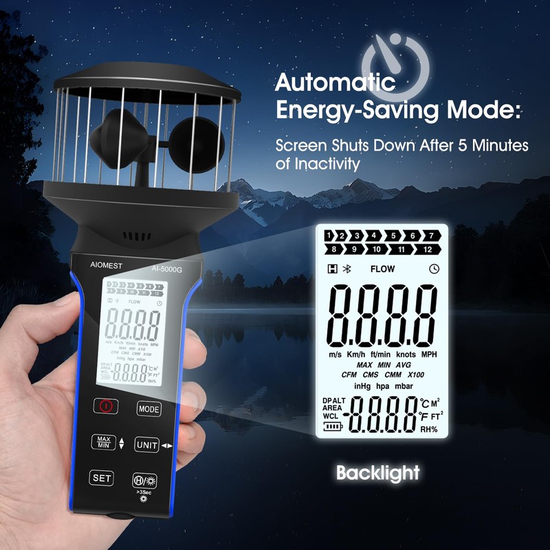 AIOMEST Digital Anemometer Handheld 4 Cups 360° Wind Speed Meter,