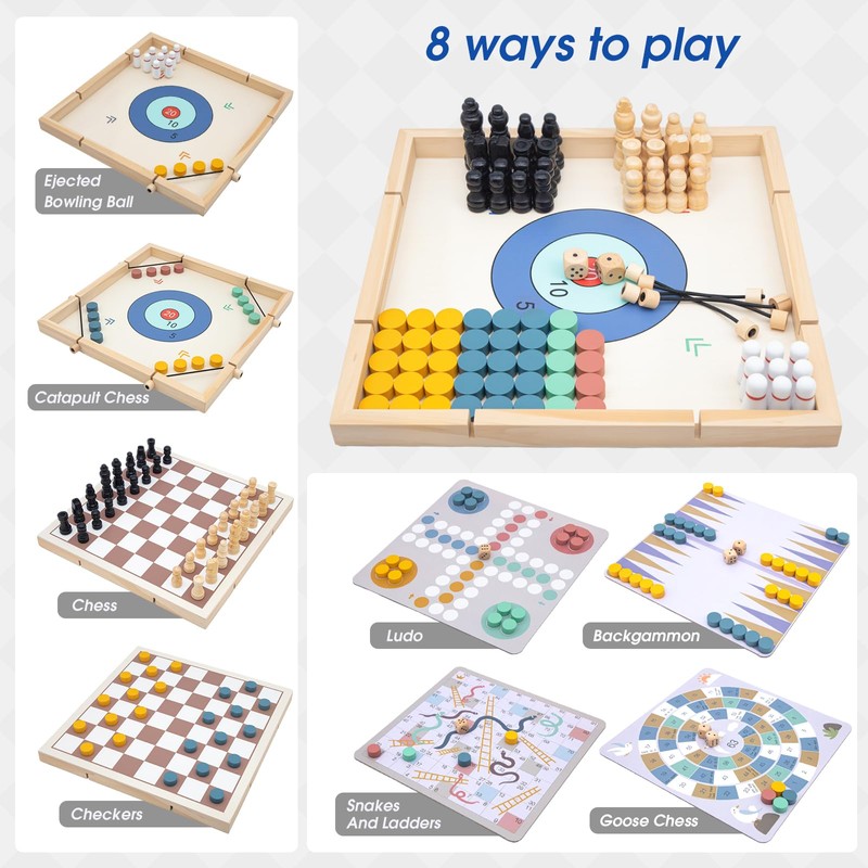 Edsnor 8-in-1 Game Collection for 2-4 Players, Wooden Board Game