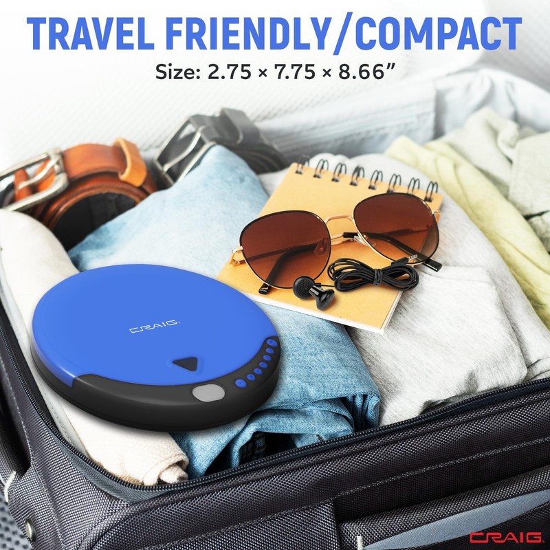 Craig CD2808-BL Personal CD Player with Headphones in Blue and