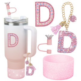 Juego de dijes de letra de diamante rosa para juego de asas, protector inferior para cubierta de paja de corona de diamante de 40 onzas, 30 onzas, con diseño de corona de diamante (D)
