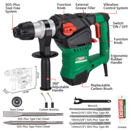 Deshuo 1-1/4" SDS-Plus Rotary Hammer Drill, 12.5 Amp 3 Functions Corded Vibration Control Rotomartillo with Safety Clutch for Concrete, Includes 3 Drill Bits, 2 Chisels, Carrying Case