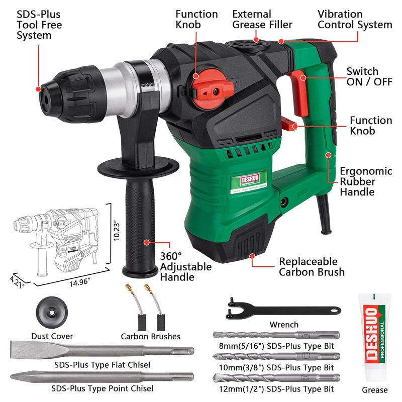 Deshuo 1-1/4" SDS-Plus Rotary Hammer Drill, 12.5 Amp 3 Functions